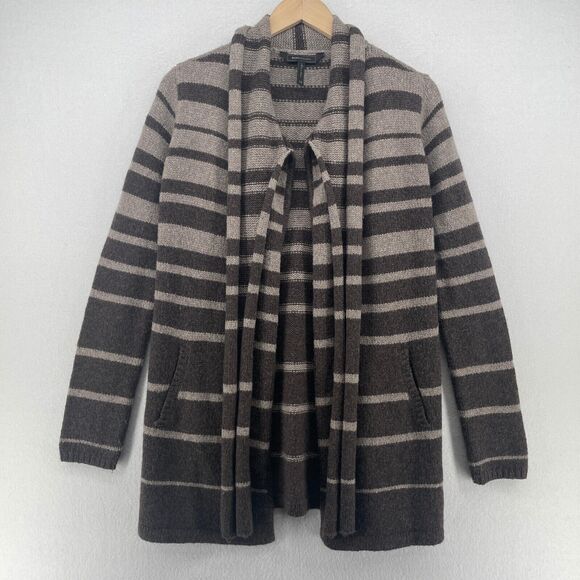 BCBG MAXAZRIA Cardigan 2XS Scarf Striped Open Front Draped Neck Gray Brown - Picture 3 of 16